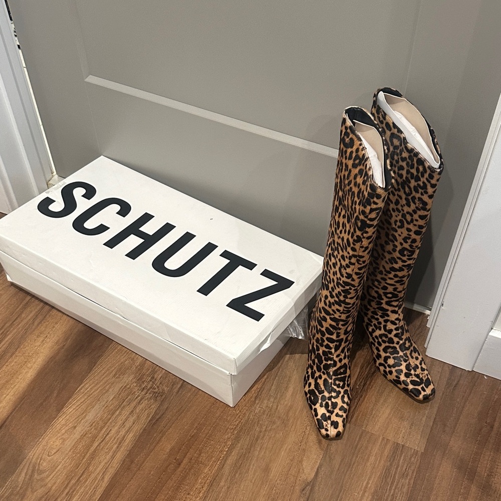 SCHUTZ Leopard-Print Knee-High Boots in Tan and Black